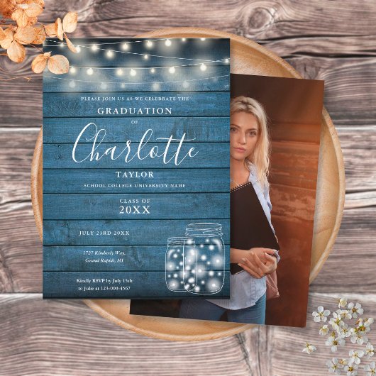 Invitation Photo de la fête de graduation Rustic Blue Wood Li