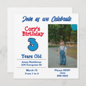 Invitation Photo de la fête des garçons de trois ans (Devant / Derrière)