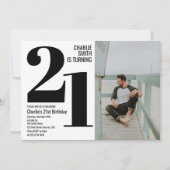 Invitation Photo de la fête du 21e anniversaire en noir et bl (Devant)