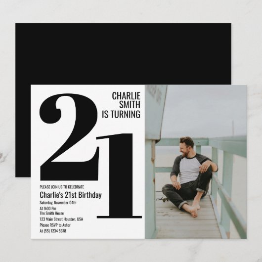 Invitation Photo de la fête du 21e anniversaire en noir et bl (Devant / Derrière)