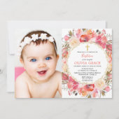 Invitation Photo de la fille Baptême rose rousse de corail (Devant)