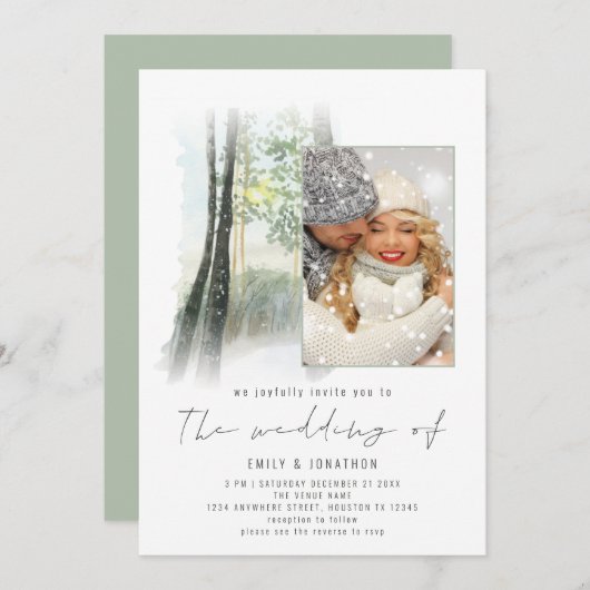 Invitation Photo de la forêt d'hiver Code QR Mariage Sage (Devant / Derrière)