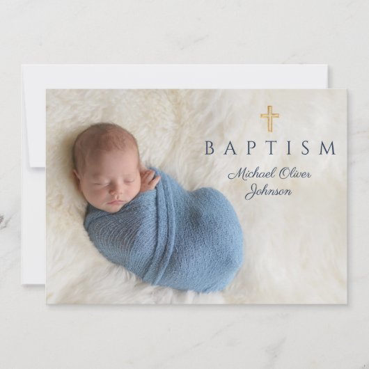 Invitation Photo de la marine Blue Religion Cross Boy Baptism (Devant)