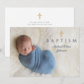 Invitation Photo de la marine Blue Religion Cross Boy Baptism (Devant / Derrière)