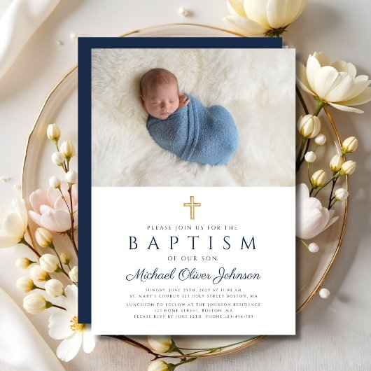 Invitation Photo de la marine Blue Religion Cross Boy Baptism