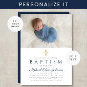 Invitation Photo de la marine Blue Religion Cross Boy Baptism