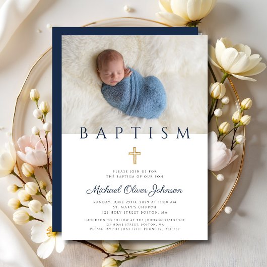 Invitation Photo de la marine Blue Religion Cross Boy Baptism