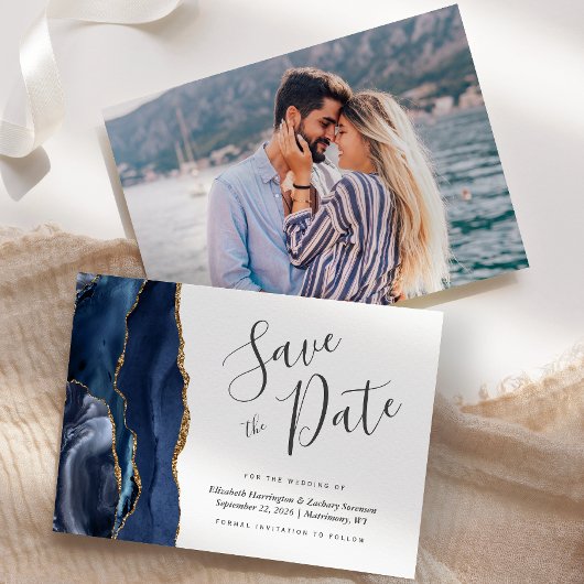 Invitation Photo de la marine moderne Blue Gold Agate Enregis