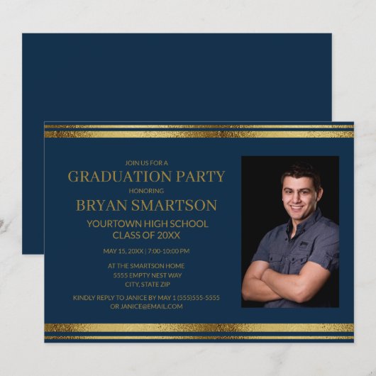 Invitation Photo de la Marine moderne Blue Gold Graduation (Devant / Derrière)