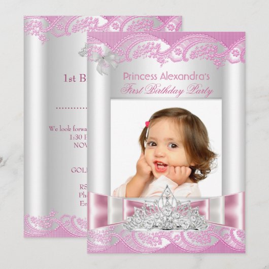 Invitation Photo de la petite princesse fille premier anniver (Devant / Derrière)
