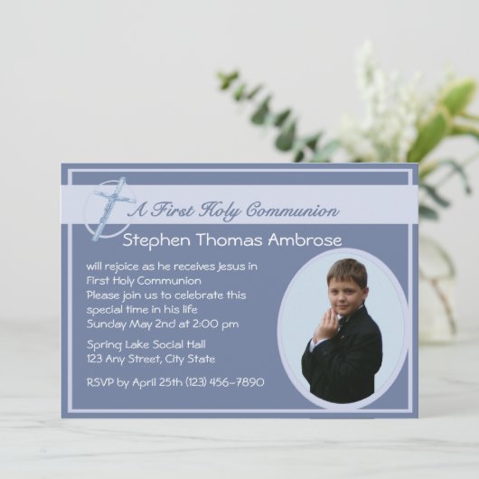 Invitation Photo de la première communion/ bleu (Debout devant)