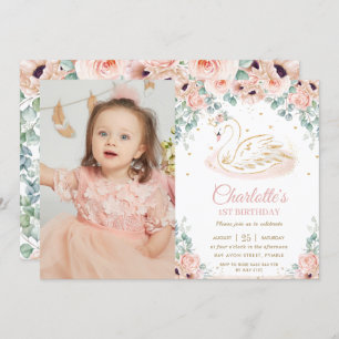 Invitation Photo de la princesse Swan Blush Pink Floral 1er A