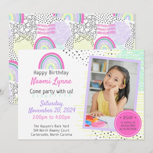 Invitation Photo de l'anniversaire de la fille Rainbow dans l (Devant / Derrière)