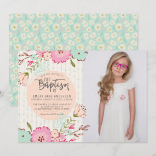 INVITATION PHOTO DE LDS BAPTISM  Élégante florale