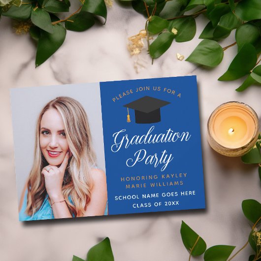 Invitation Photo de l'élève Royal Blue Gold Graduation Party