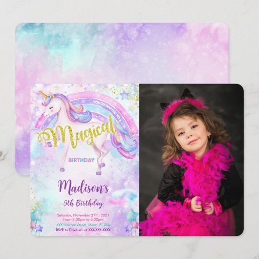 Invitation photo de licorne magique (Devant / Derrière)