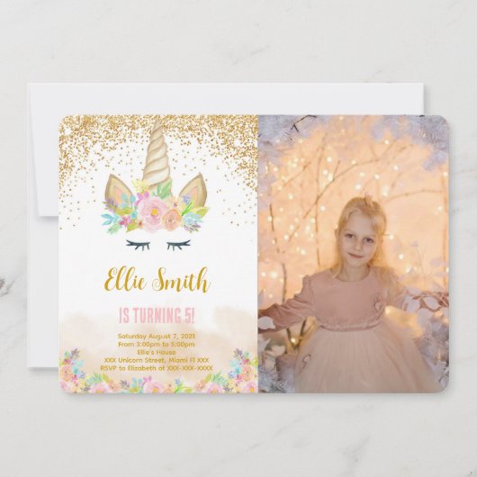 Invitation photo de licorne mignonne (Devant)