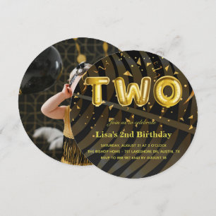 Invitation Photo de luxe Noir et Or confetti 2e anniversaire