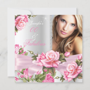 Invitation Photo de magnifique rose rose en ruban argent pour