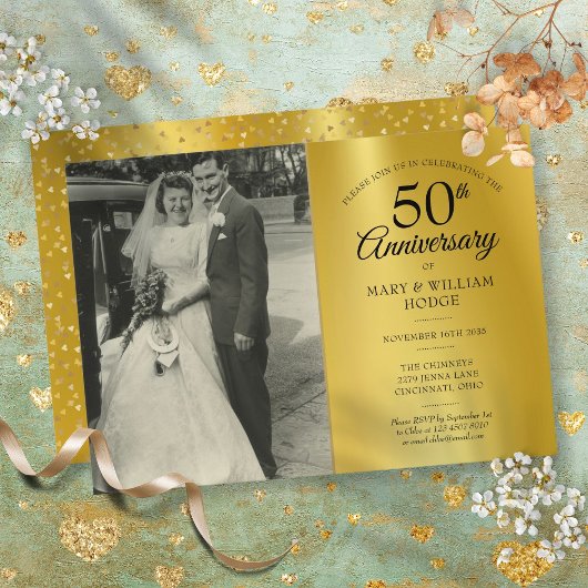 Invitation Photo de mariage 50e anniversaire feuille d'or