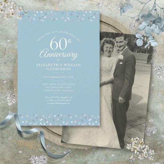 Invitation Photo de mariage 60e anniversaire Cœurs Confettis