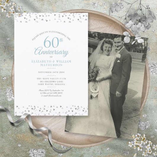 Invitation Photo de mariage 60e anniversaire Cœurs Confettis
