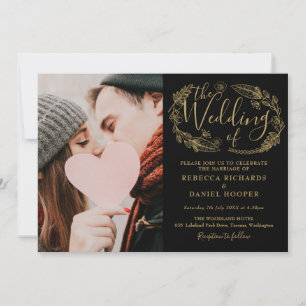 Invitation Photo de mariage à écriture feuillue noire et or