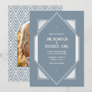 Invitation Photo de mariage Art Déco Bleu Ardoise & Blanc Per