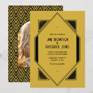 Invitation Photo de mariage Art Déco Or Champagne & Noir