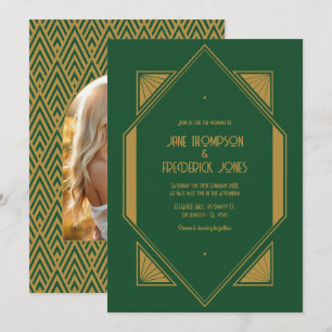 Invitation Photo de mariage Art Déco Vert Émeraude et Or Vieu