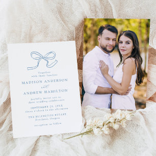 Invitation Photo de mariage au ruban bleu élégant