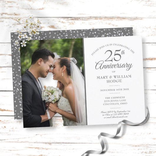 Invitation Photo de mariage avec confettis argent pour le 25e