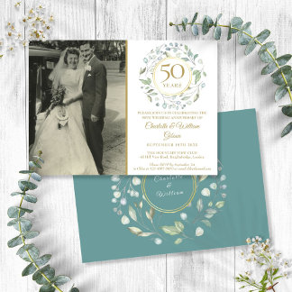 Invitation Photo de mariage avec feuillage floral pour le 50e