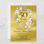 Invitation Photo de mariage avec feuille dorée florale 50e an (Devant)