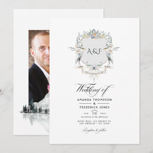 Invitation Photo de mariage avec monogramme et crête de lauri (Devant / Derrière)