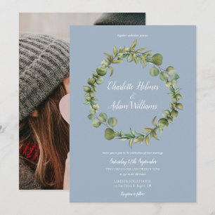 Invitation Photo de mariage avec verdure d'eucalyptus bleu po