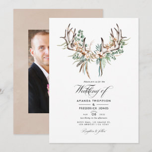 Invitation Photo de mariage bohème en coton et eucalyptus