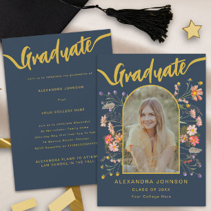 Invitation Photo de mariage bohème moderne avec fleurs bleues