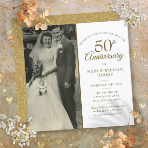 Invitation Photo de mariage carré Cœurs d'or 50e Anniversaire