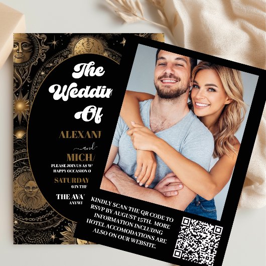 Invitation Photo de mariage céleste noir or