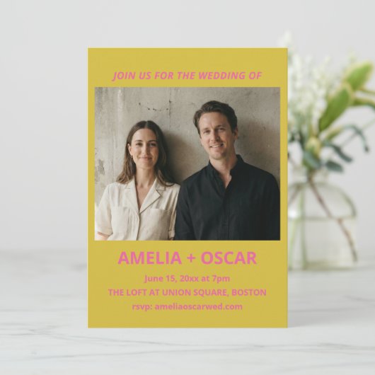 Invitation Photo de mariage chartreuse rose jaune moderne gra (Debout devant)