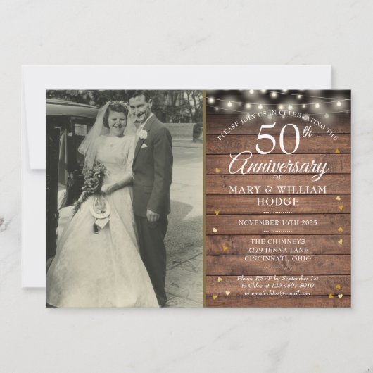 Invitation Photo de mariage Cœurs dorés rustiques 50e Anniver (Devant)