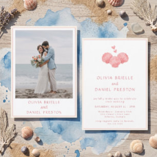 Invitation Photo de mariage Coquilles Roses Aquarelle Plage C