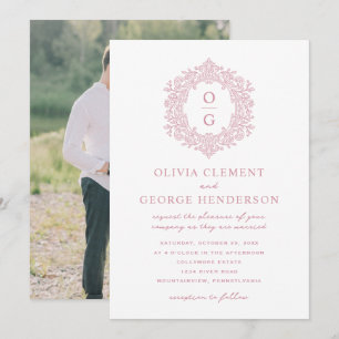 Invitation Photo de mariage élégant au blason de famille rose