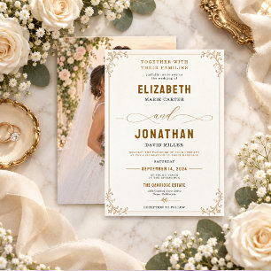 Invitation Photo de mariage élégant en or filigrané vintage