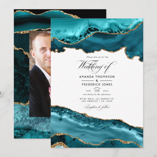 Invitation Photo de mariage en agate sarcelle et or (Devant / Derrière)