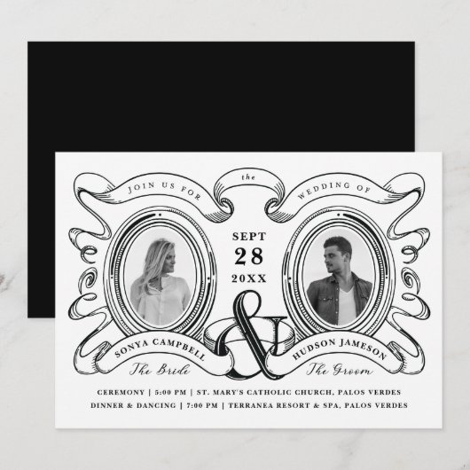 Invitation Photo de mariage en cameo antique noir et blanc (Devant / Derrière)
