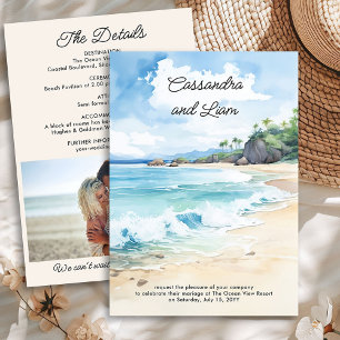 Invitation Photo de mariage et détails à l'aquarelle de plage