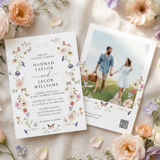 Invitation Photo de mariage floral avec fleurs sauvages paste