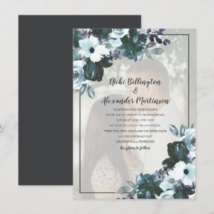 Invitation Photo de mariage floral bleu crépuscule poussiéreu